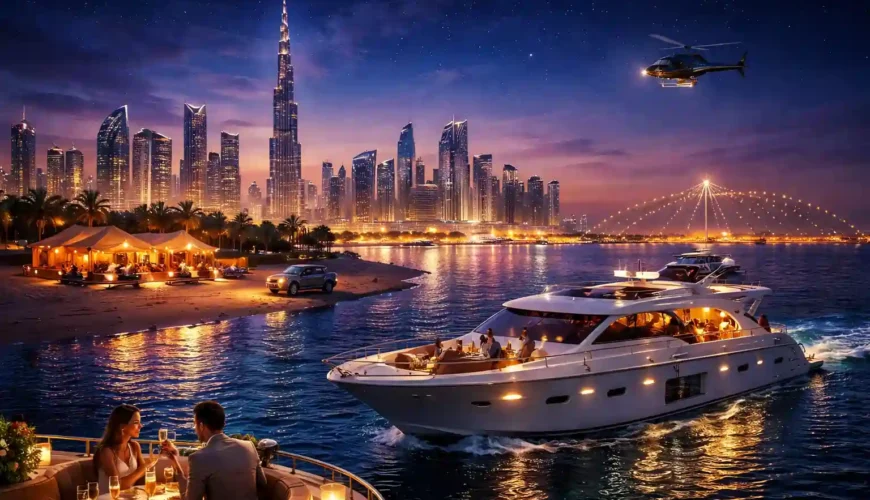 Dubai night tours showcasing luxury evening experiences, night desert safari, and illuminated Dubai Marina