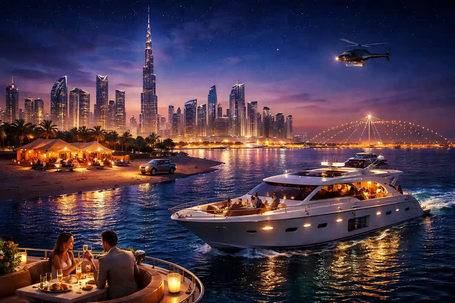 Dubai night tours showcasing luxury evening experiences, night desert safari, and illuminated Dubai Marina