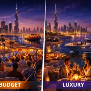 Luxury vs budget Dubai night tours showing private yacht and desert safari contrasted with shared group tour experiences