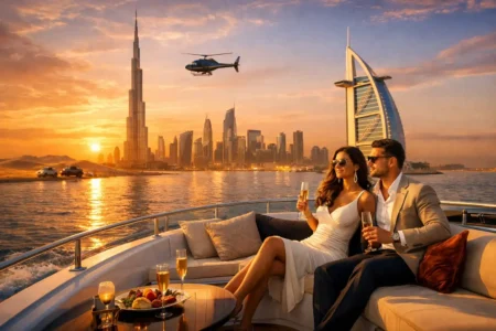 Private Dubai tours VIP experience with luxury yacht cruise, Burj Khalifa view, and exclusive Dubai sightseeing