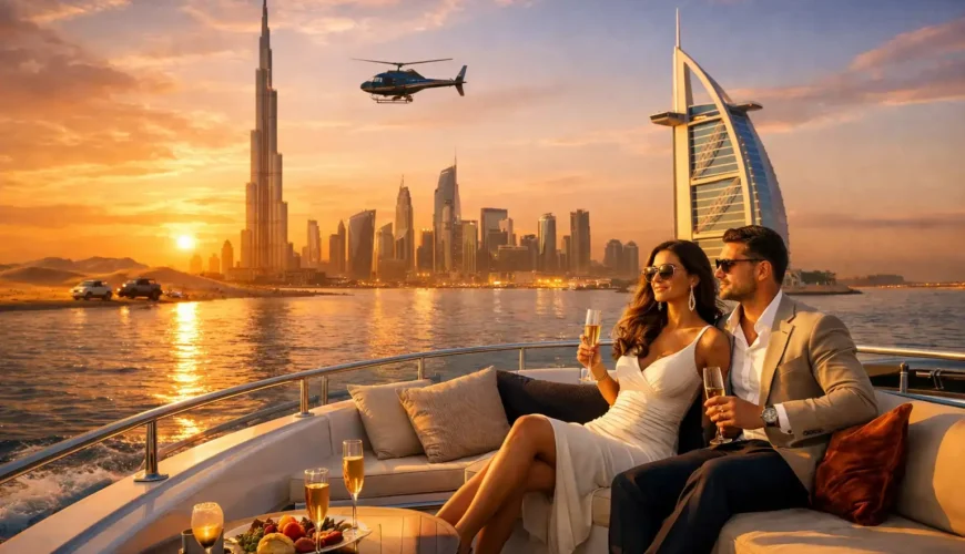 Private Dubai tours VIP experience with luxury yacht cruise, Burj Khalifa view, and exclusive Dubai sightseeing