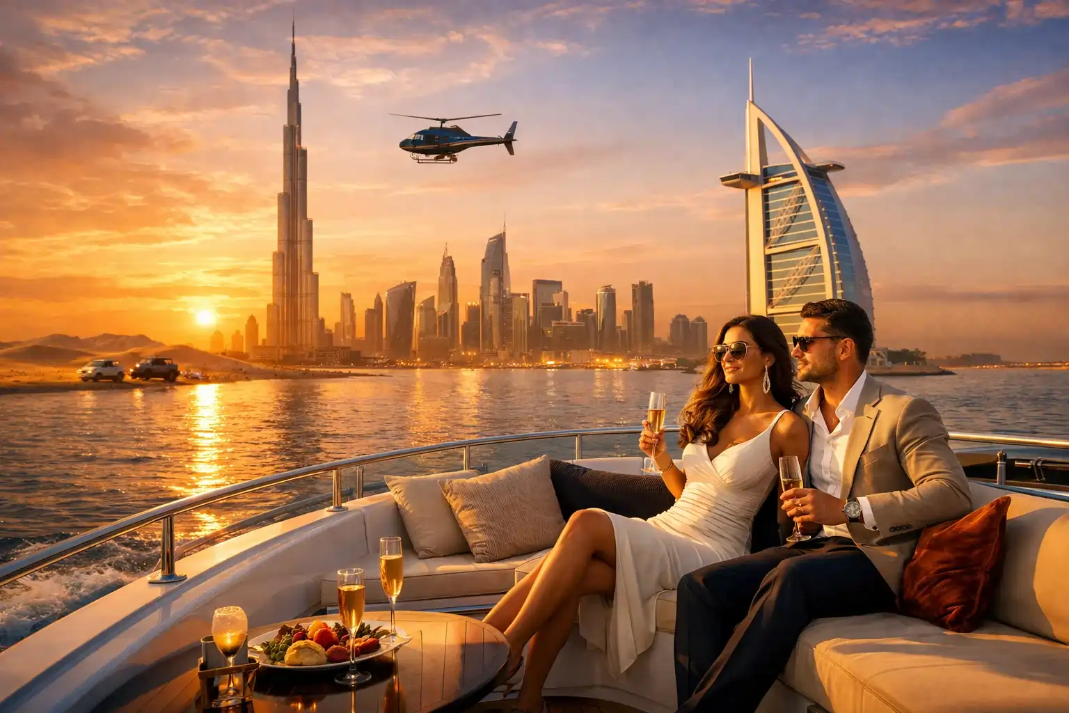 Private Dubai tours VIP experience with luxury yacht cruise, Burj Khalifa view, and exclusive Dubai sightseeing