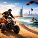 Dubai adventure tours featuring quad biking in the desert, jet ski rides near Burj Al Arab, and skydiving above Palm Jumeirah