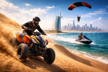 Dubai adventure tours featuring quad biking in the desert, jet ski rides near Burj Al Arab, and skydiving above Palm Jumeirah