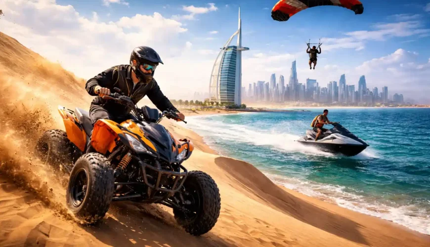 Dubai adventure tours featuring quad biking in the desert, jet ski rides near Burj Al Arab, and skydiving above Palm Jumeirah