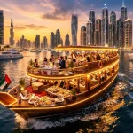 Dubai dhow cruise dinner experience at Dubai Marina with illuminated wooden boat, buffet dining, and scenic skyline views at night