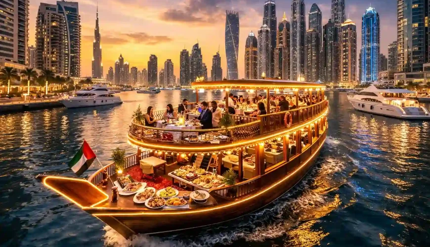 Dubai dhow cruise dinner experience at Dubai Marina with illuminated wooden boat, buffet dining, and scenic skyline views at night