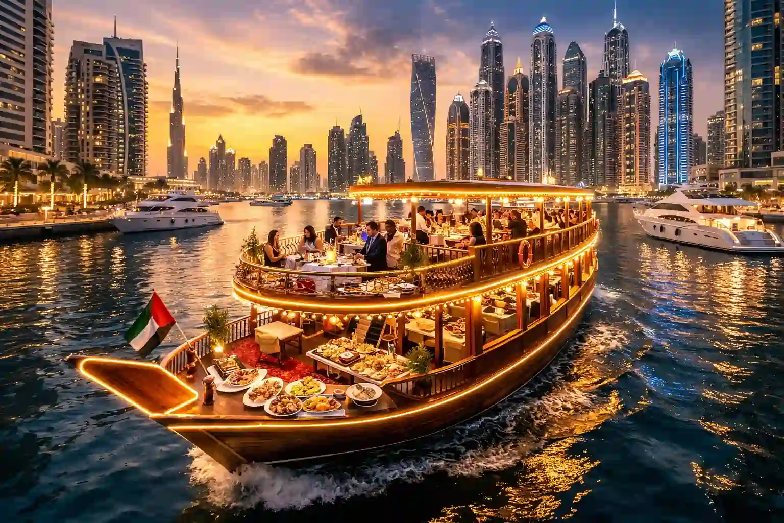 Dubai dhow cruise dinner experience at Dubai Marina with illuminated wooden boat, buffet dining, and scenic skyline views at night